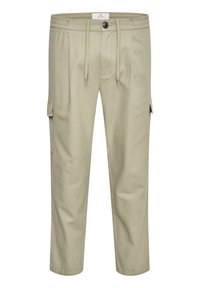 Beige Cargo-Hosen mit elastischem Bund, Kordelzug, seitlichen Taschen und einer lässigen Passform. Hergestellt aus leichtem Baumwollgewebe.