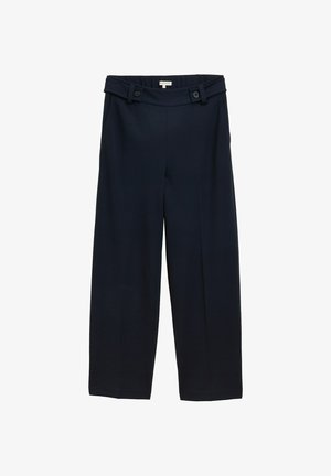 Pantaloni a gamba larga blu navy in un tessuto morbido, con vita alta, chiusura a doppio bottone e pieghe stirate lungo la parte anteriore.