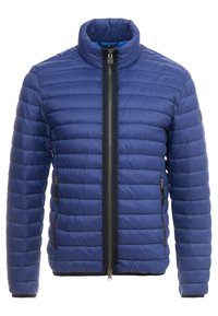 Padded dunkelblaue Jacke mit hohem Kragen, frontalem Reißverschluss und zwei seitlichen Taschen. Verfügt über ein gestepptes Design und einen kontrastierenden schwarzen Reißverschluss.