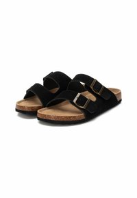 Infradito in suede nero con due fascette regolabili e fibbie in tonalità oro; plantare in sughero sagomato e suola in gomma testurizzata.