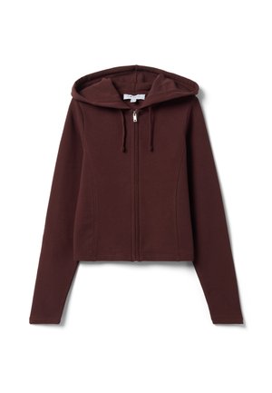 Brown long-sleeve zip-up hoodie with drawstrings and a fitted waist, laid flat on a white background.