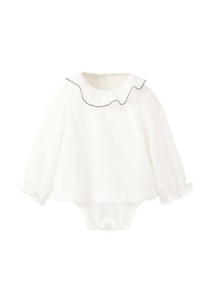 Body bébé blanc à manches longues avec un col ondulé et des manches froncées. Dispose de boutons-pression en bas pour un habillage facile.