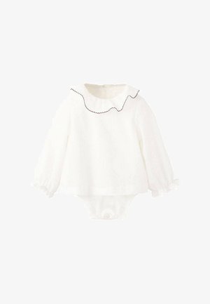 Weißer Langarm-Bodysuit für Babys mit einem gewellten Kragen und gerafften Ärmeln. Verfügt über Druckknopfverschlüsse im unteren Bereich für ein einfaches Ankleiden.