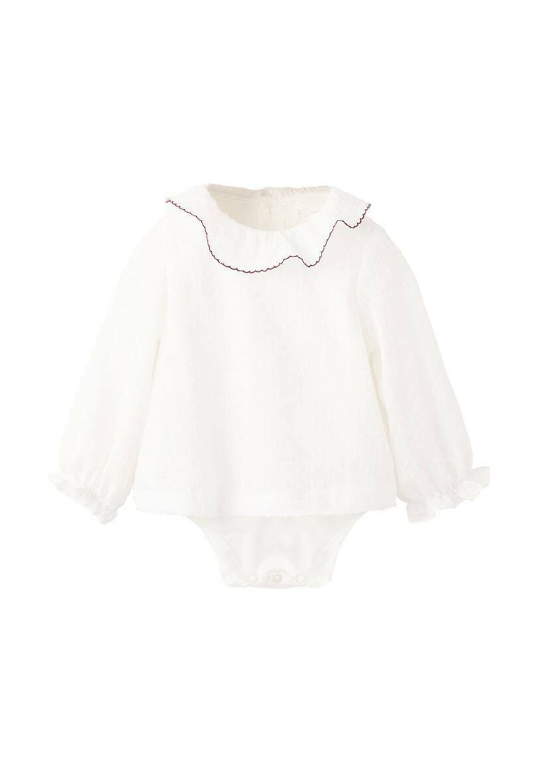 Biely detský body s dlhým rukávom, ozdobený volánovým golierom a naberanými rukávmi. Obsahuje patentky na spodnej časti pre jednoduché obliekanie.