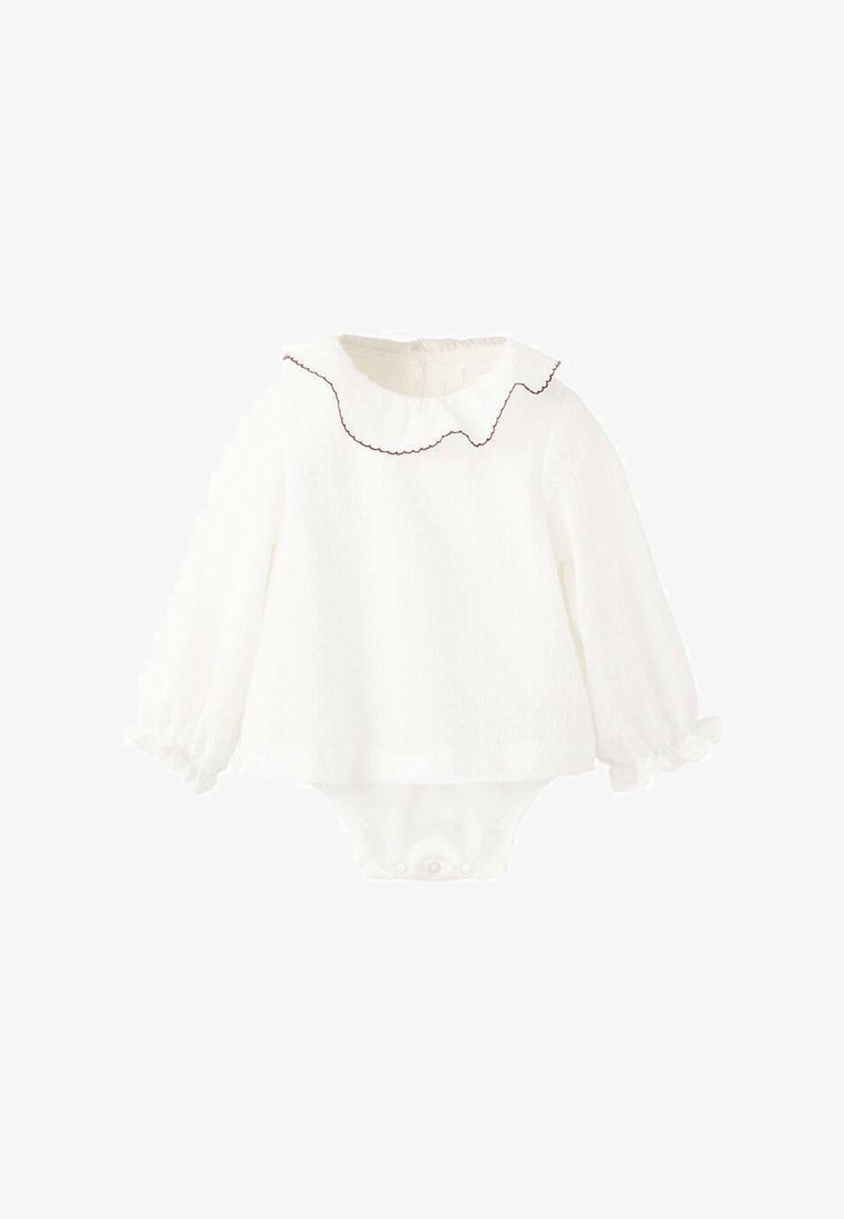Biely detský body s dlhým rukávom, ozdobený volánovým golierom a naberanými rukávmi. Obsahuje patentky na spodnej časti pre jednoduché obliekanie.