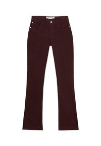 Jeans acampanados burdeos en mezcla de algodón, con diseño de cinco bolsillos, herrajes metálicos y cierre frontal de botón. Textura suave.