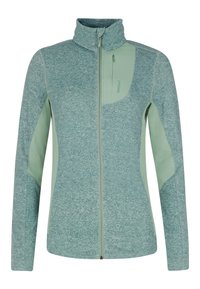 Giacca zip-up verde chiaro con davanti testurizzato, pannelli laterali lisci, colletto alto e una piccola tasca con zip sul petto.