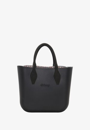 Bolso tote negro hecho de material texturizado, con asas negras y un interior con estampado. Logo impreso en el frente.