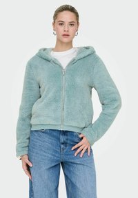 Faux fur zip-up hoodie in light mint green, featuring a lined hood, ribbed hem, and long sleeves. Paired with loose blue denim jeans.