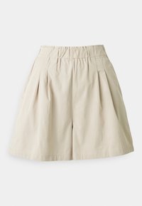 Shorts beiges plissés avec une taille élastique, en coton lisse, poches latérales, et une silhouette détendue et aérée.