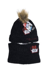 Black knitted beanie and neck warmer set featuring a faux fur pom-pom, red Minnie Mouse patches, and textured ribbed pattern.