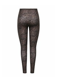 Leggings taille haute avec un motif léopard marron et noir, vus de dos sur fond blanc.