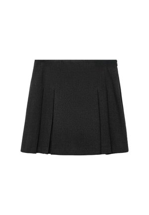 Black pleated mini skirt with a smooth texture, featuring a waistband and evenly spaced pleats that create a flared silhouette.