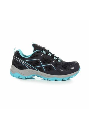 Black and blue waterproof hiking shoe with mesh panels, lace-up design, and grey sole, shown from the side on a white background.