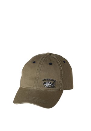 Olive green baseball cap with black ventilation holes and embroidered stegosaurus dinosaur with text on front panel.