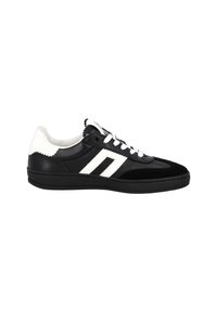 Black and white athletic shoe with a leather upper, suede accents, flat laces, and a textured sole. Features a fuzzy white collar.