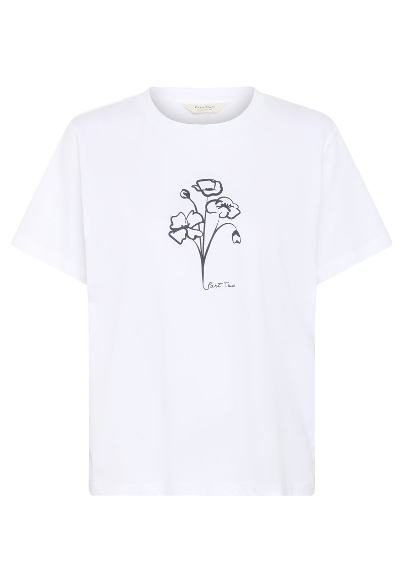 Weißes Baumwoll-T-Shirt mit einem minimalistischen schwarzen Blumendesign und dem Text "Part Two" in Schreibschrift unter der Illustration. Mit kurzen Ärmeln.