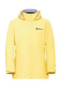 Veste d'extérieur jaune avec capuche, manches longues, fermeture éclair devant recouverte d'un rabat, et logo Jack Wolfskin sur la poitrine gauche.