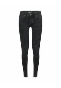 Jeans skinny noirs avec fermeture par bouton, poches avant et poche monnaie, présentés sur fond blanc, marquage Esprit à la taille.