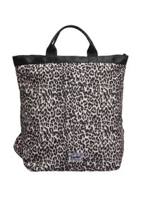 Borsa a tracolla con stampa leopardata in tessuto beige e nero, dotata di duplice manico e una parte superiore con zip nera. Presenta una piccola etichetta con logo nella parte inferiore.