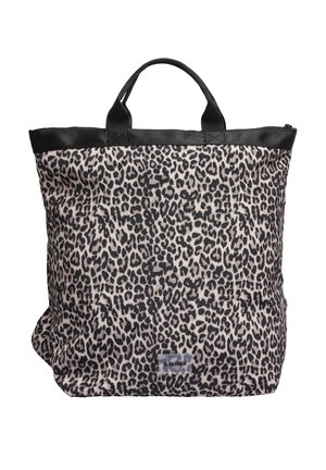 Tassentas in luipaardprint van beige en zwart stof met dubbele handvatten en een zwarte ritssluiting aan de bovenkant. Bevat een klein logo-opdruk aan de onderkant.