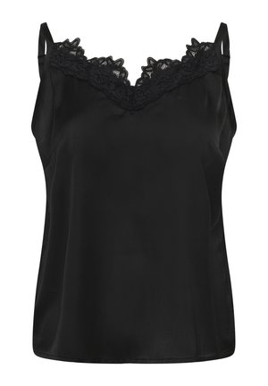 Zwarte satijnen cami met verstelbare dunne bandjes en bloemmotief kanten bies langs de V-hals, getoond op een witte achtergrond.