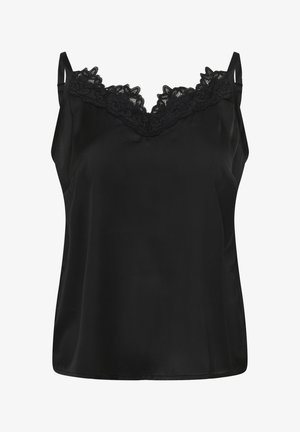 Camisole en satin noir avec bretelles fines réglables et bordure en dentelle florale le long du décolleté en V, présenté sur un fond blanc.