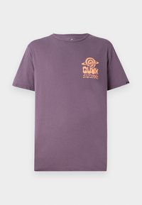 Purple T-shirt made of cotton, featuring short sleeves and a round neckline. Displays an orange logo on the left chest with a spiral design.