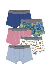 Πέντε ανδρικά εσώρουχα boxer για αγόρια με ριγέ ζώνες μέσης, σε μονόχρωμο μπλε, κόκκινες ρίγες, ανοιχτό μπλε και δύο με πολύχρωμα σχέδια αυτοκινήτων και φοίνικων.