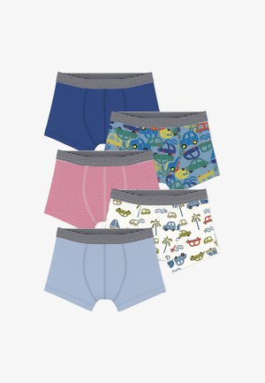 Five boys' boxer briefs with striped waistbands, featuring solid blue, red stripes, light blue, and two with colorful car and palm tree patterns.