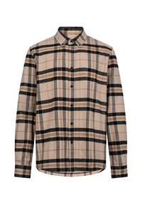 Braun und schwarzes karriertes Flanellhemd mit langen Ärmeln, Kragen und Knopfleiste. Weiche Textur mit abgerundetem Saum und normaler Passform.