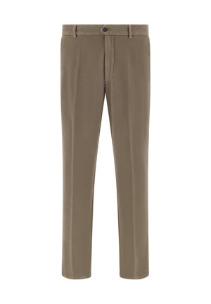 Khaki broek van gladde stof, met een sluiting aan de voorkant met knoop, riemlussen en een rechte pijpdesign. Geen zichtbare patronen of accenten.