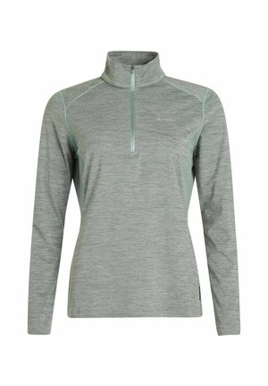 Jasnozielony pulower z długim rękawem, z zamkiem błyskawicznym na ćwierć długości, o teksturowanej fakturze i kontrastowych szwach. Posiada stójkę i dopasowany krój.