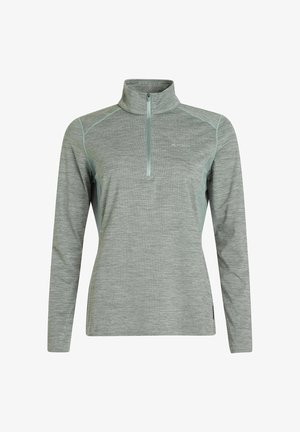 Jasnozielony pulower z długim rękawem, z zamkiem błyskawicznym na ćwierć długości, o teksturowanej fakturze i kontrastowych szwach. Posiada stójkę i dopasowany krój.