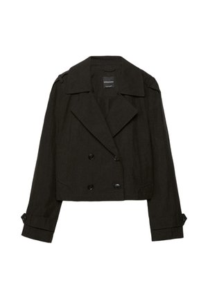 Schwarze, kurze, zweireihige Jacke mit weitem Revers, geknöpften Riemen an den Manschetten und Schulterklappen, flach auf weißem Hintergrund ausgelegt.