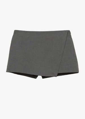 Gray wrap-style shorts made of smooth fabric, featuring a diagonal cut and clean edges. No visible hardware or embellishments.