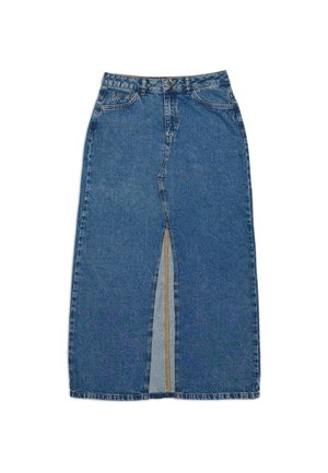 Denim skirt in light blue with a front slit, featuring a straight shape, classic five-pocket design, and a top button closure.