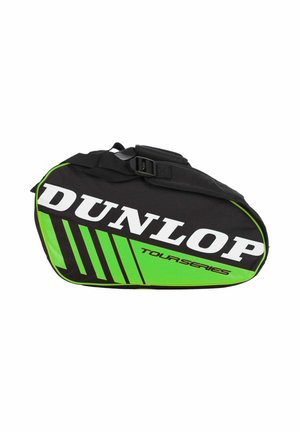 Black and green Dunlop Tour Series sports bag with shoulder strap, designed for carrying tennis or badminton rackets.