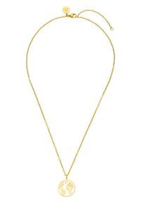 Goldfarbene Halskette mit einem runden Anhänger in Form der Erde, mit einer filigranen Gliederkette und einem kleinen Verschluss auf der Rückseite.