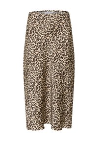 Jupe midi en tissu doux avec imprimé léopard, présentant une base beige naturelle avec des taches marron et noires, conçue avec une silhouette en A.