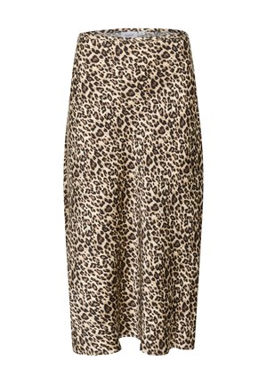 Gonna midi in stampa leopardata realizzata in tessuto morbido, con una base beige naturale e macchie marroni e nere, caratterizzata da una silhouette a forma di A.