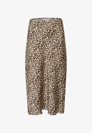 Leopardenmuster-Midirock aus weichem Stoff, mit einem natürlichen beige Grundton und braunen sowie schwarzen Flecken, gestaltet in einer A-Linien-Silhouette.