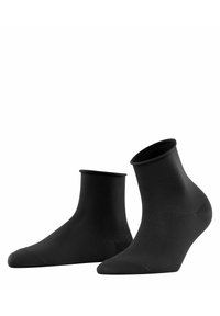 Calcetines negros hasta el tobillo, hechos de material suave y elástico. Presentan un puño acanalado y una punta reforzada, con un diseño sin costuras.