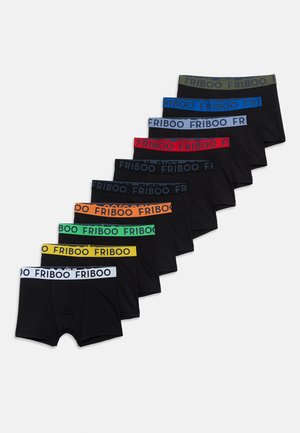 Dix boxers noirs avec des ceintures de différentes couleurs et la marque « FRIBOO », disposés en diagonale sur un fond blanc.