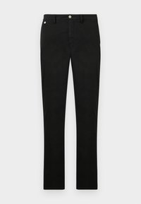 Black, straight-leg pants made of smooth fabric, featuring a metal button closure and belt loops. No notable patterns or accents.
