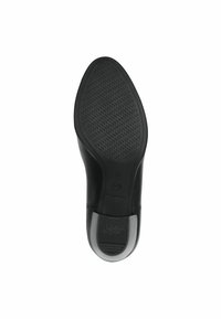 Suela de zapato de cuero negro con un patrón de agarre texturizado, forma redondeada y un acento gris en el talón. Tamaño 37 indicado.
