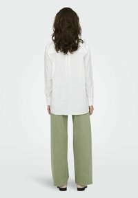 White long-sleeve shirt with back pleat paired with light green wide-leg trousers. Smooth texture, simple design, and neutral colors.