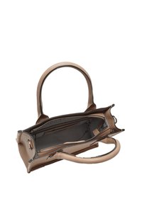 Beige leren handtas met twee handvatten, open bovenkant en gestreepte binnenvoering. Voorzien van een binnenzak met rits en stevige constructie.
