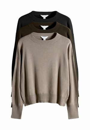Long-sleeve sweaters in beige, dark green, and black. Knit fabric with ribbed collar and hem detailing. Oversized fit with dropped shoulders.