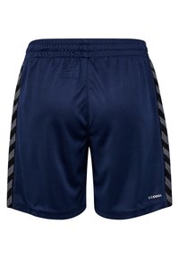 Marineblauwe sportshorts met een elastische tailleband, voorzien van zwarte en witte zigzagstrepen aan de zijkanten, gemaakt van glad, vochtafvoerend materiaal.